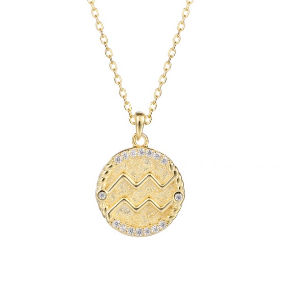 zodiac coin necklace with cubic zirconia - Aquarius
