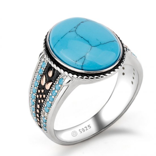 טבעת כסף 925 לגבר עם אבן אליפטית כחולה