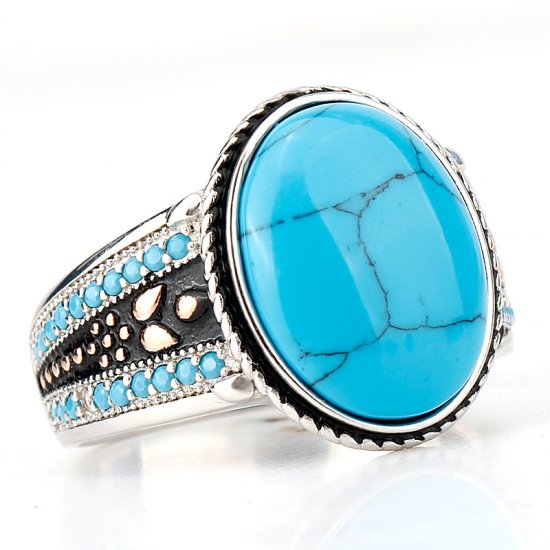 טבעת כסף 925 לגבר עם אבן אליפטית כחולה