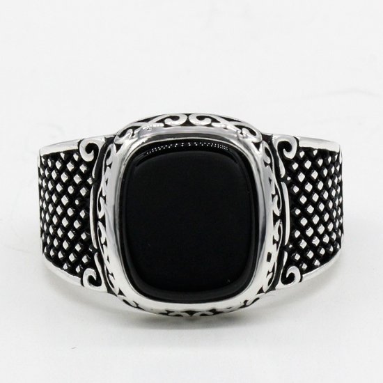 טבעת כסף 925 לגבר בסגנון וינטג' משובצת באבן אגת שחורה